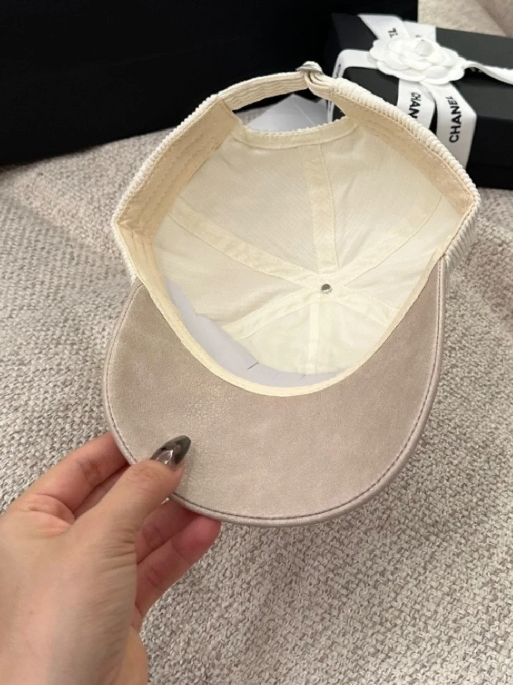Celine. Off White Corduroy Triomphe. Baseball Hat Cap
